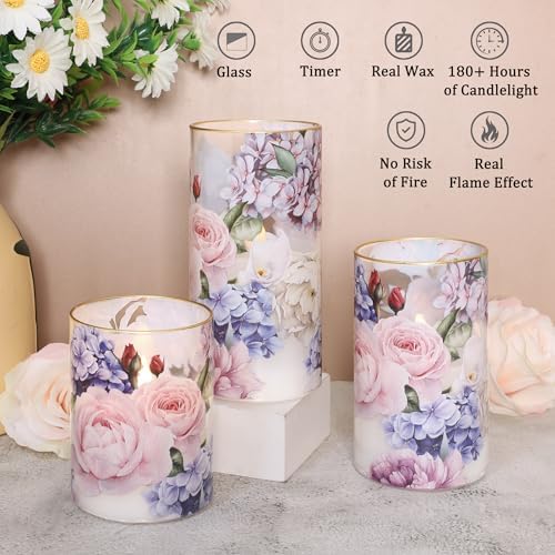 Silverstro Hydrangea Rose Flameless Candles Set of 3 With Remote Timer
