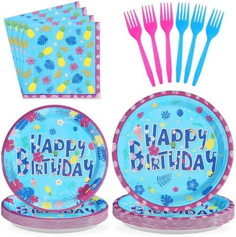 Hawaiian Birthday Plates Napkins Set 24 96Pcs