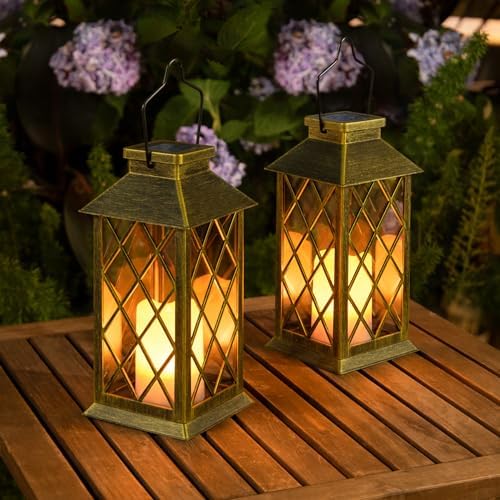 2Pack 11 Inch Outdoor Solar Lanterns Waterproof Garden patio Flickering Candle Lights