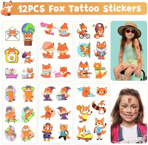 110Pcs Fox Party Favor Set with Keychains and Tattoos