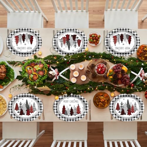 Wiooffen 100 PCS Christmas Oval Paper Plates 11 Inch Buffalo Plaid Party Supplies