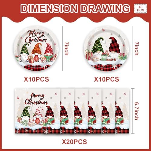 40 Pcs Christmas Party Plates with Gnome Decorations