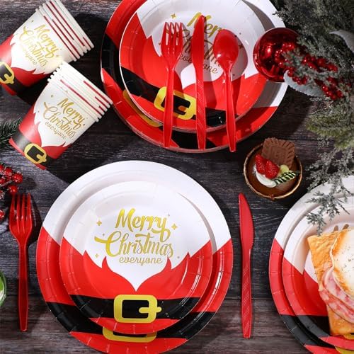 144 Pcs Christmas Party Tableware Set with Plates Cups Cutlery and Santa Belt