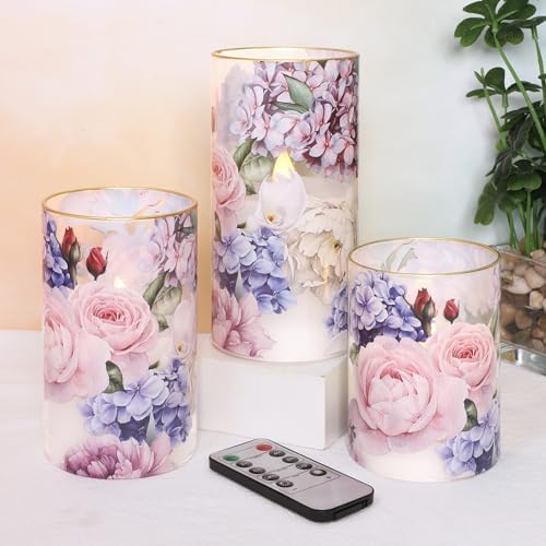 Silverstro Hydrangea Rose Flameless Candles Set of 3 With Remote Timer