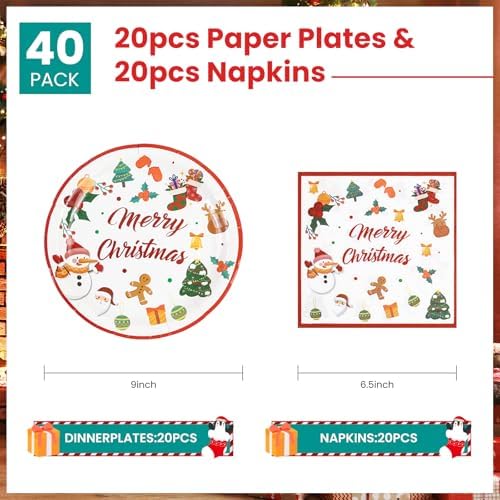 40PCS Christmas Paper Plates and Napkins - 9 Inch Party Serving Set