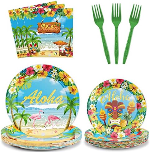 Tevxj 96PCS Hawaiian Aloha Party Plates Set for 24 Guests