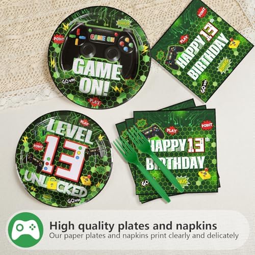 Grencian 96Pcs Green Game Party Tableware Set for 13th Birthday