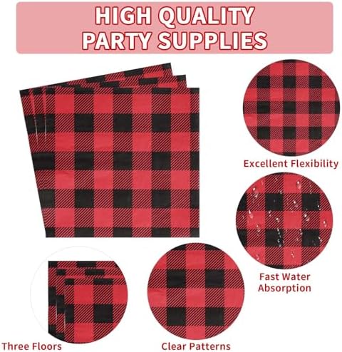 Grencian 96PCS Red Black Buffalo Plaid Party Plates