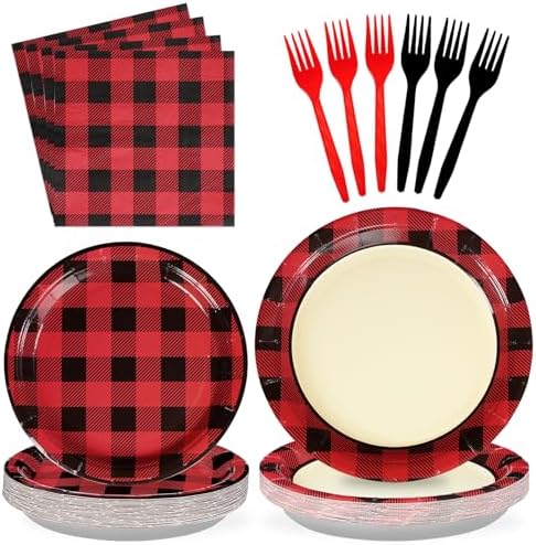 Grencian 96PCS Red Black Buffalo Plaid Party Plates
