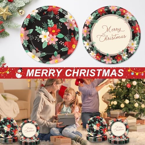 50Pcs Heavy Duty Christmas Floral Plates Set