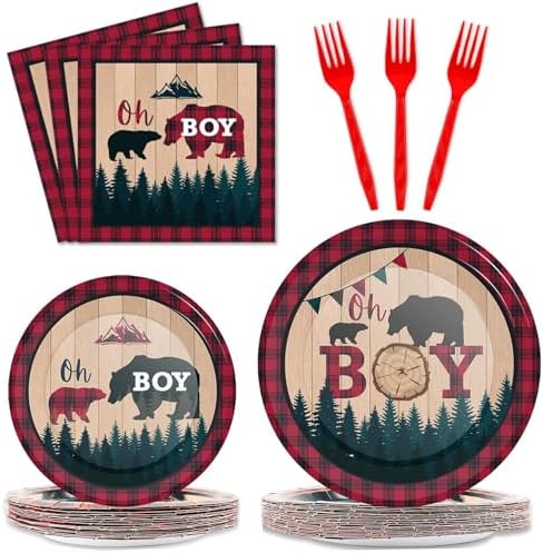 Buffalo Plaid 96 Pcs Party Plates Napkins Set for 24 Guests