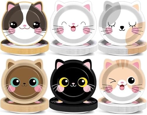 ZOIIWA 48Pcs Cat Shaped Paper Plates Birthday Party Set