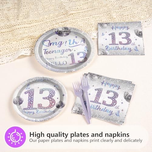 Grencian 96Pcs Silver Disco Iridescent 13th Birthday Plates and Napkins Set