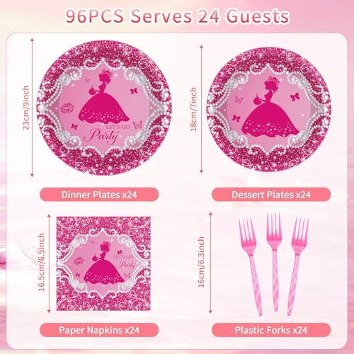 96Pcs Princess Party Plates Napkins Set for 24 Guests