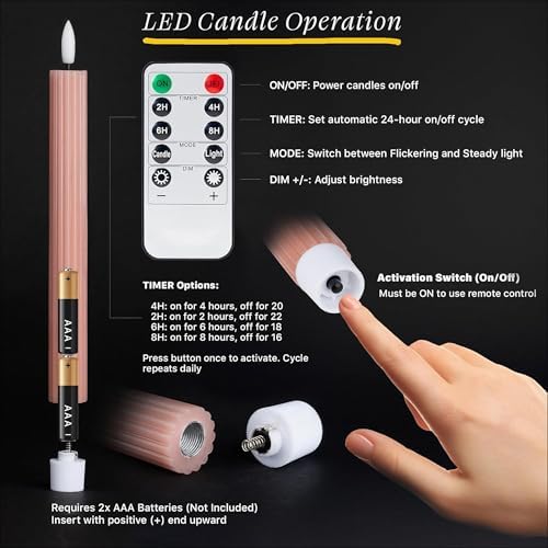6 Pack LED Flameless Dusty Rose Taper Candles with Remote 24H Timer