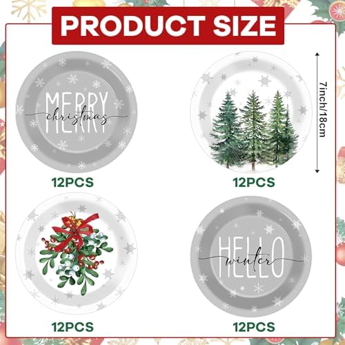 48Pcs Grey Christmas Party Plates 7 for Winter Holiday
