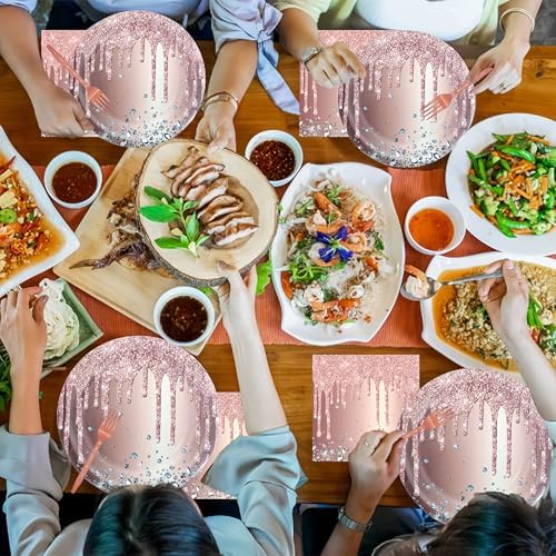 DTDO 96 Pcs Rose Gold Disposable Plates Napkins and Forks