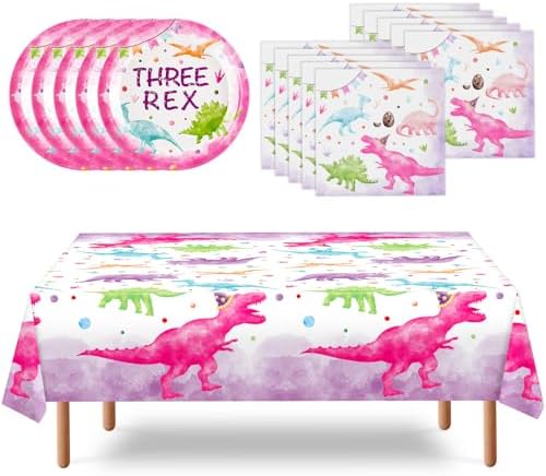 WERNNSAI Pink Dinosaur 3rd Birthday Party Plates Set