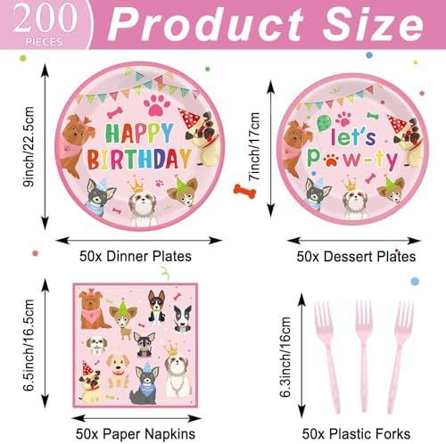 200Pcs Dog Birthday Decor Paper Plates Napkins Forks Set