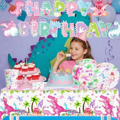 Pink Dinosaur Birthday Decorations Plates Cups Napkins Set
