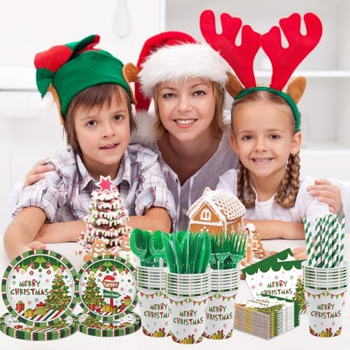MEHOFOND 192Pcs Christmas Plates Napkins Set for 24 Guests