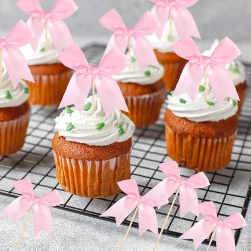 24PCS Pink Bow Cupcake Toppers for Birthday Parties