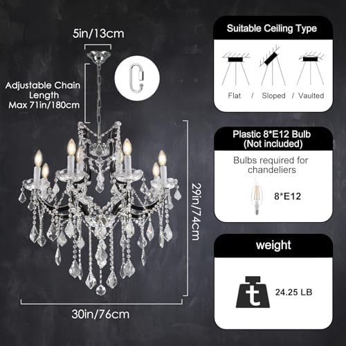 VARTTYAL Black Crystal Chandelier 8 Light 30 Inch Ceiling Light Fixture