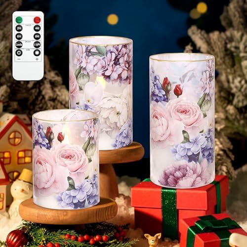 Silverstro Hydrangea Rose Flameless Candles Set of 3 With Remote Timer
