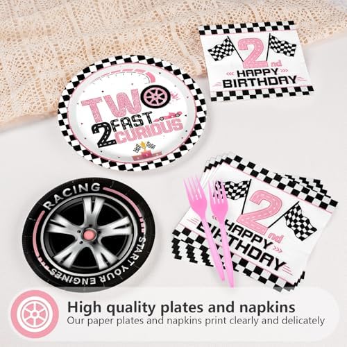 Grencian 96Pcs Pink Race Car Party Tableware Set for 2nd Birthday
