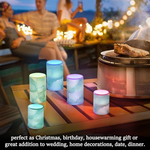 Turquoise Green Marble Flameless Candles with Remote Timer Set of 2