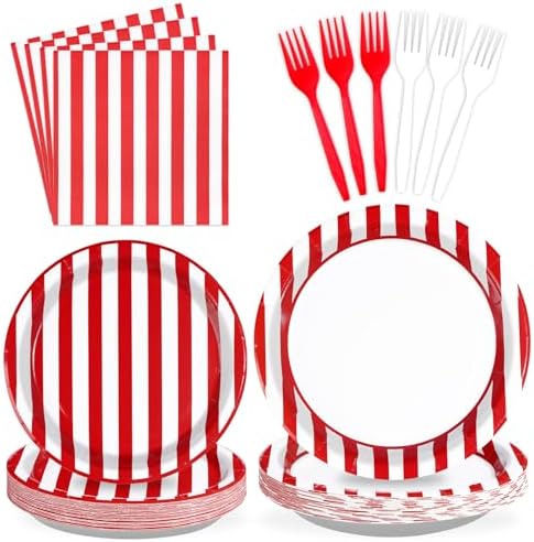 96Pcs Red and White Striped Party Supplies Set for 24
