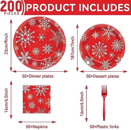 ZOIIWA 200 PCS Christmas Theme Disposable Plates Napkins Forks Set