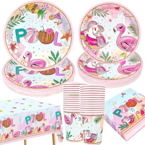 Summer Pool Party Decorations 121PCS Pink Plates Napkins Set