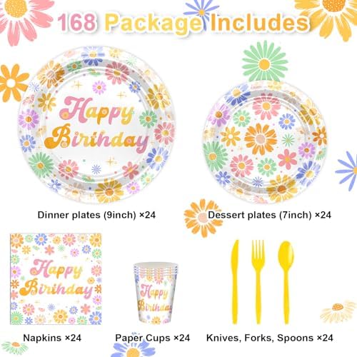 Avezano 168 PCS Daisy Birthday Decorations Plates Napkins Set