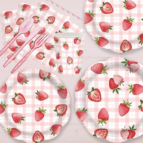 Strawberry Party Tableware Set 24 Guest Disposable Plates Cups Straws