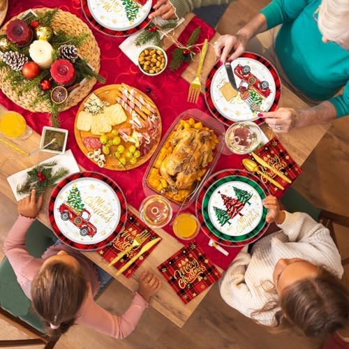 175 PCS Christmas Tree Plaid Party Plates Set for 25 Guests
