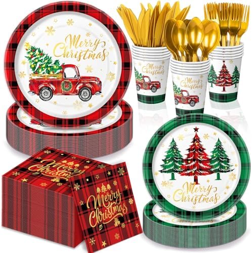 175 PCS Christmas Tree Plaid Party Plates Set for 25 Guests