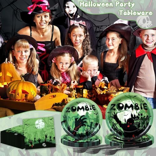 Wiooffen 96 Pcs Zombie Halloween Plates Napkins Tableware Set
