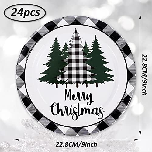 Whaline 24Pcs Christmas Paper Plates with Plaid Tree Design