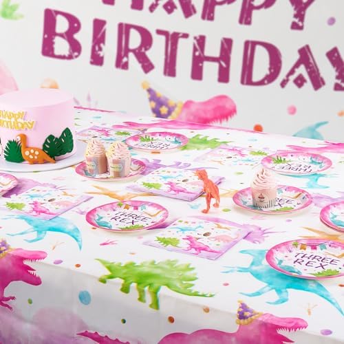 WERNNSAI Pink Dinosaur 3rd Birthday Party Plates Set