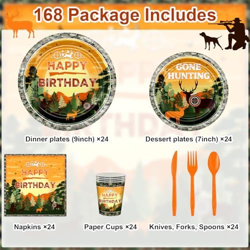 Avezano 168 PCS Hunting Camo Birthday Tableware Set for 24 Guests