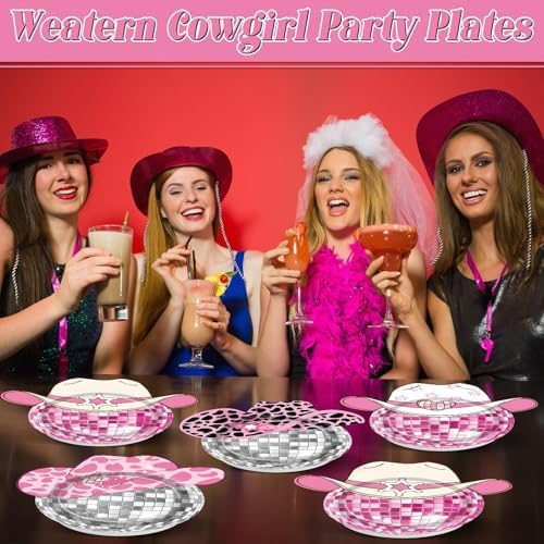 48Pcs Pink Disco Ball Cow Print Paper Plates for Cowgirl Party