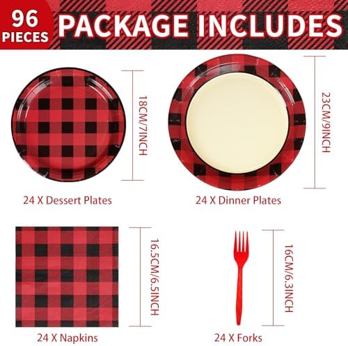 Grencian 96PCS Red Black Buffalo Plaid Party Plates