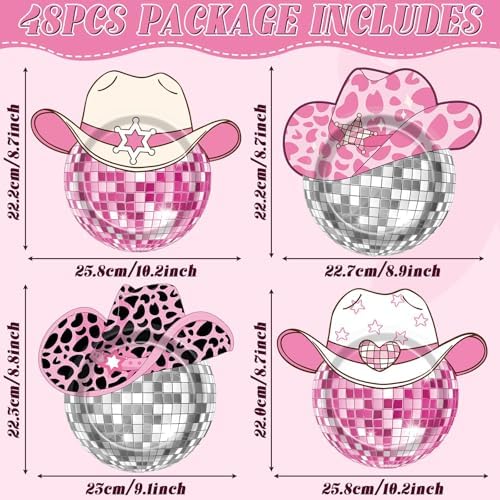 48Pcs Pink Disco Ball Cow Print Paper Plates for Cowgirl Party