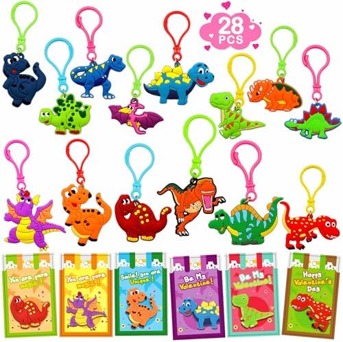 28 Pack Valentines Day Cards with Dinosaur Keychains