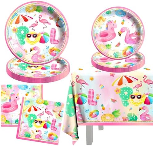 61pcs Pink Pool Party Plates Napkins Tableware
