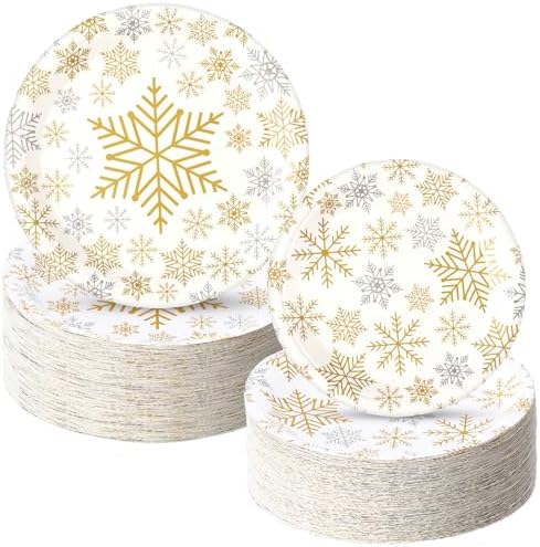 Yungyan 120Pcs Snowflake Paper Plates Christmas Party Plates