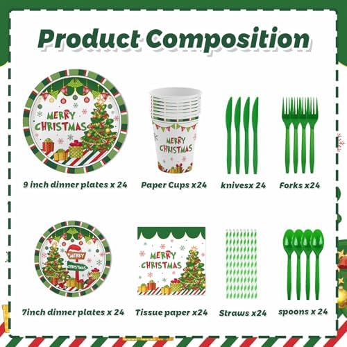 MEHOFOND 192Pcs Christmas Plates Napkins Set for 24 Guests