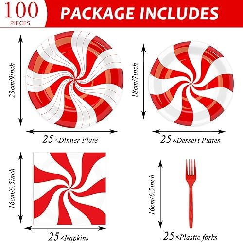 100Pcs Christmas Candy Cane Party Plates and Napkins Set