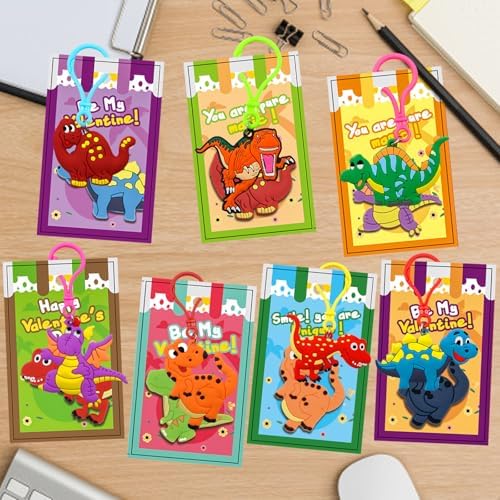 28 Pack Valentines Day Cards with Dinosaur Keychains